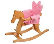 Cavallo a dondolo in legno con rivestimento sedile in stoffa